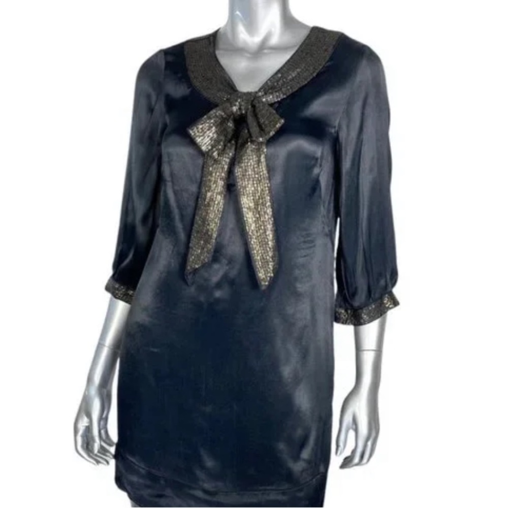 French Connection Gray and Satin Dress with Hold Sequin Bow